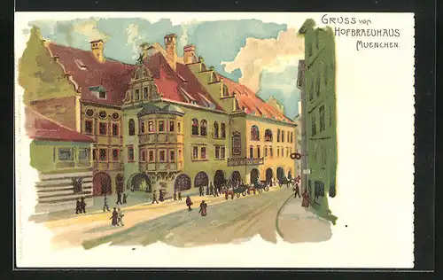 Lithographie München, Münchner Hofbräuhaus von aussen