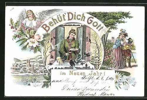 Lithographie Dame füttert Vögel am Fenster, Behüt Dich Gott!