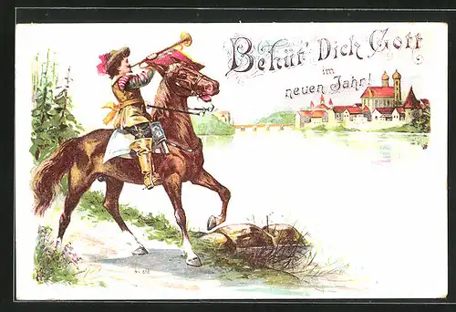 Lithographie Trompeter von Säckingen am Flussufer, Behüt Dich Gott!