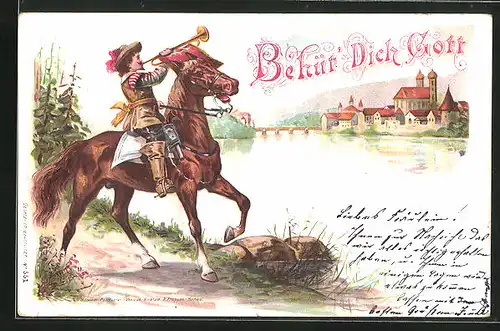 Lithographie Trompeter von Säckingen am Flussufer, Behüt Dich Gott!