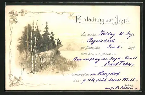 Lithographie Reh im Wald, Jagdeinladung