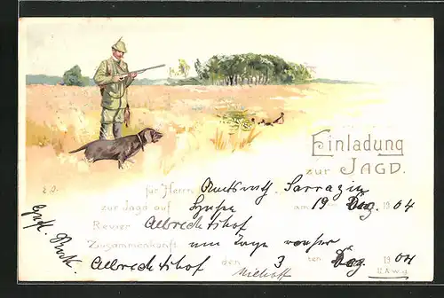 Lithographie Jagdeinladung, Jäger mit seinem Jagdhund auf der Suche nach Beute
