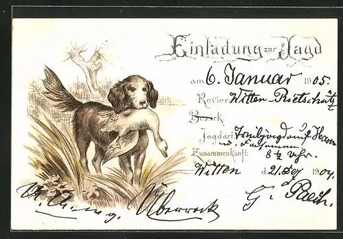 Lithographie Jagdeinladung, Jagdhund mit erlegtem Beutetier