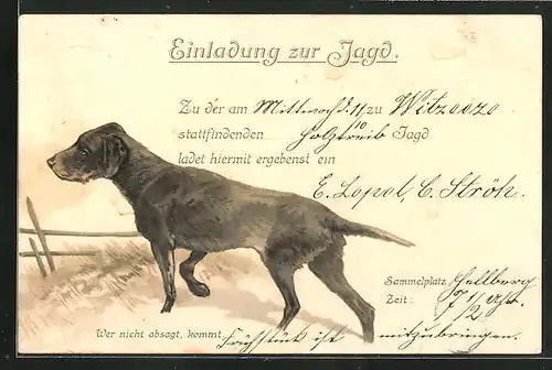 Lithographie Jagdeinladung, Jagdhund auf der Suche
