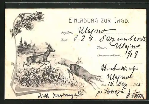 Lithographie Jagdeinladung, Rehe fliehen vor dem Jäger