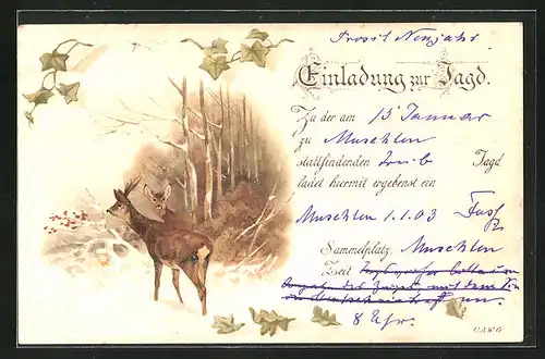 Lithographie Jagdeinladung, Rehe im verschneiten Walde