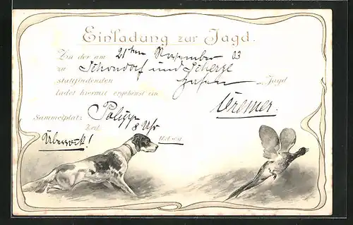 Lithographie Jagdeinladung, Hund auf der Jagd nach der Beute