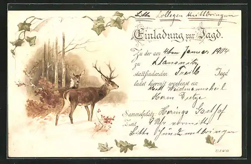 Lithographie Jagdeinladung, Hirsch im verschneiten Wald