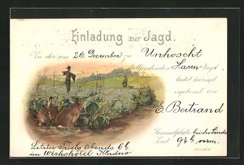 Lithographie Hasen verstecken sich auf dem Feld vor dem Jäger und seinem Hund, Vogelscheuche, Jagdeinladung