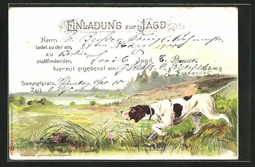 Lithographie Jagdhund beim Erschnüffeln seiner Beute, Jagdeinladung