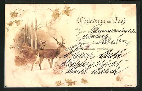 Lithographie Hirsch im Wald, Jagdeinladung