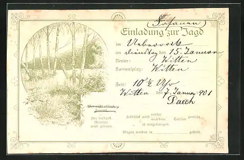 Lithographie Reh im Wald, Jagdeinladung