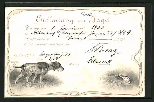 Lithographie Jagdhund beim erspähen eines Hasen, Jagdeinladung