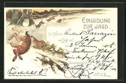 Lithographie Jagdeinladung, Jagdhunde laufen zum erlegten Hasen