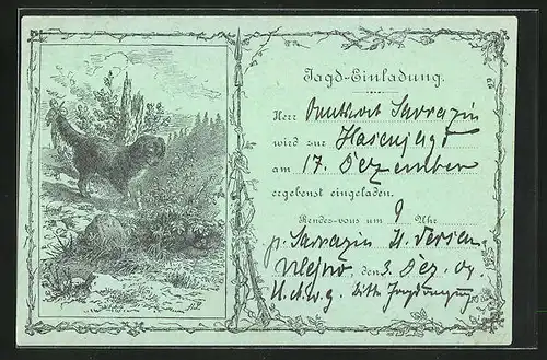 Lithographie Jagdeinladung, Jagdhund und sein Jäger mit Gewehr
