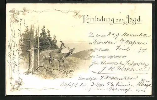 Lithographie Rehe im Wald, Jagdeinladung