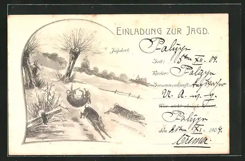 Lithographie Jagdeinladung, Jäger beim Erschiessen eines Hasen