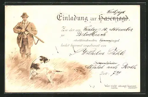 Lithographie Jagdeinladung, Jäger und Jagdhund