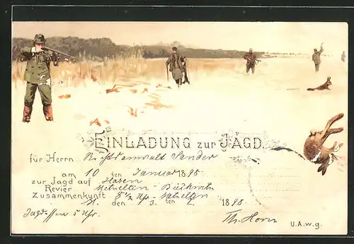 Lithographie Jagdeinladung mit Jägern und Hasen