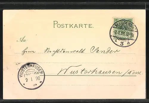 Lithographie Jagdeinladung mit Jägern und Hasen