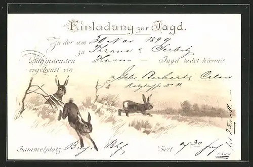 Lithographie Jagdeinladung mit Kanninchen im Schnee