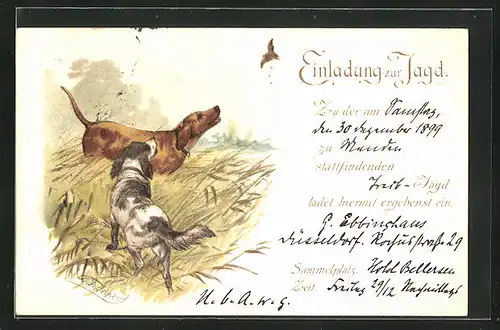 Lithographie Jagdeinladung mit Jagdhunden