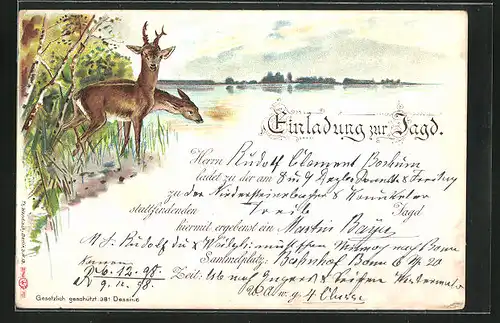 Lithographie Jagdeinladung mit Rehen am See