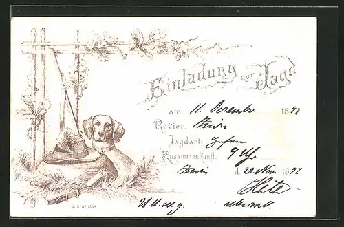 Lithographie Jagdeinladung mit Jagdhund und Ausrüstung