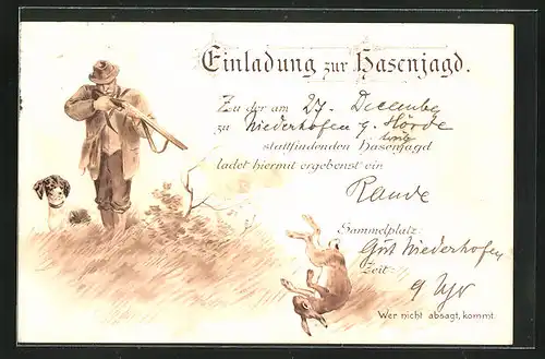 Lithographie Jagdeinladung zur Hasenjagd