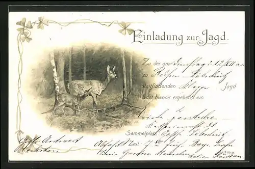 Lithographie Jagdeinladung mit Ricke und Kitz