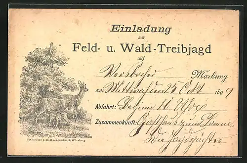 Künstler-AK Jagdeinladung mit Rehfamilie