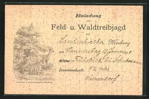 Künstler-AK Jagdeinladung mit Rehfamilie