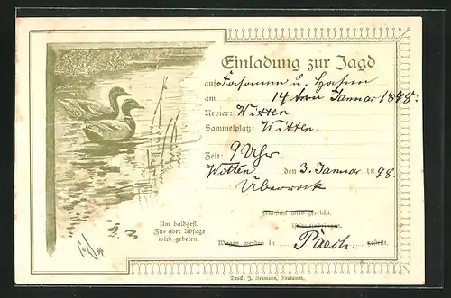 Künstler-AK Jagdeinladung mit Stockenten