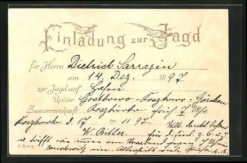 Künstler-AK Jagdeinladung mit Fasanen