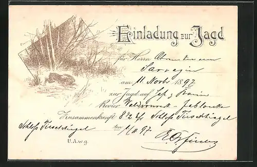 Künstler-AK Jagdeinladung mit Hasen auf der Flucht
