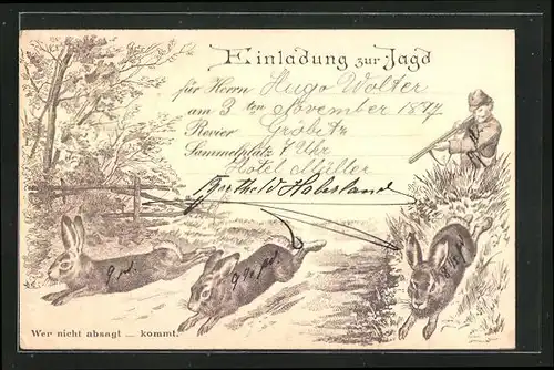 Lithographie Jagdeinladung mit flüchtenden Hasen