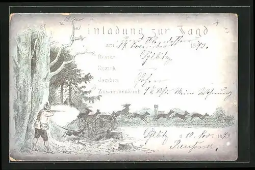 Vorläufer-Künstler-AK Jagdeinladung mit Jäger beim Schiessen, 1893