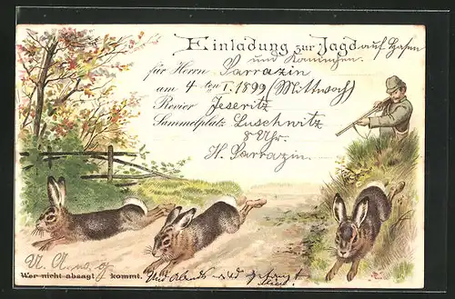 Lithographie Jagdeinladung mit vor Jäger flüchtenden Hasen