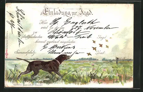 Lithographie Jagdeinladung mit Jagdhund auf Wiese
