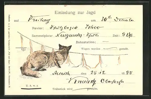 Künstler-AK Jagdeinladung mit Fuchs im Schnee