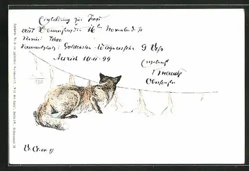 Künstler-AK Jagdeinladung mit Fuchs im Winter