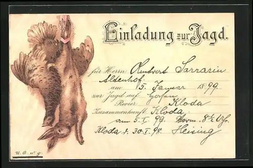 Lithographie Jagdeinladung mit erlegtem Rebhuhn und Hasen