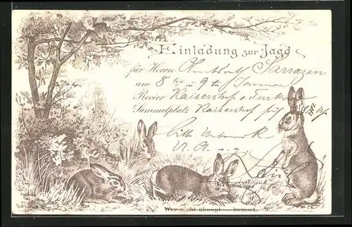 Lithographie Jagdeinladung mit einer Gruppe Hasen