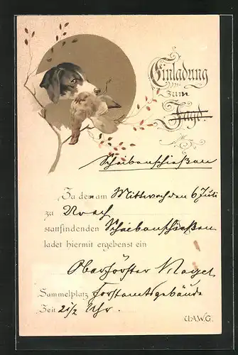 Lithographie Jagdeinladung mit Jagdhund und erlegter Beute