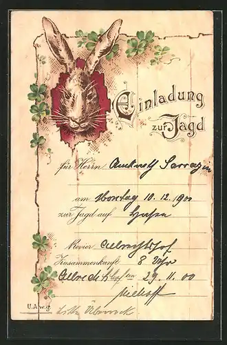 Lithographie Jagdeinladung mit Kopf eines Hasen