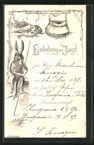 Lithographie Jagdeinladung mit angelndem Hasen