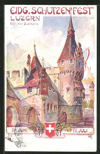 Künstler-AK Luzern, Eidg. Schützenfest 1901, Zeitturm der grossen Festhalle