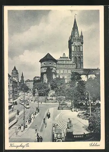 AK Königsberg i. Pr., Blick auf Schloss und Strassenbahnen