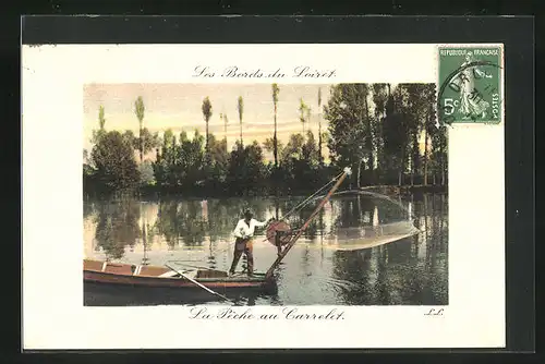 AK Fischerei, La Peche au Carrelet, Fischer auf seinem Schiff