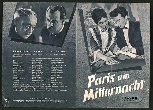 Filmprogramm PFI Nr. 91 /55, Paris um Mitternacht, Jean Simmons, Dirk Bogarde, Regie: Terence Fischer, A. Darnborough